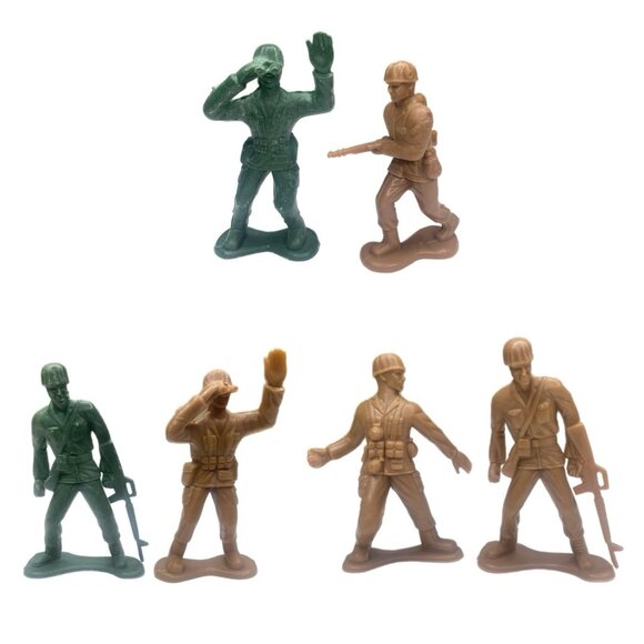 Large Tan & Green Plastic Army Men 3 3/4 - 4 Inches Tall Lot of 6 - Picture 1 of 13